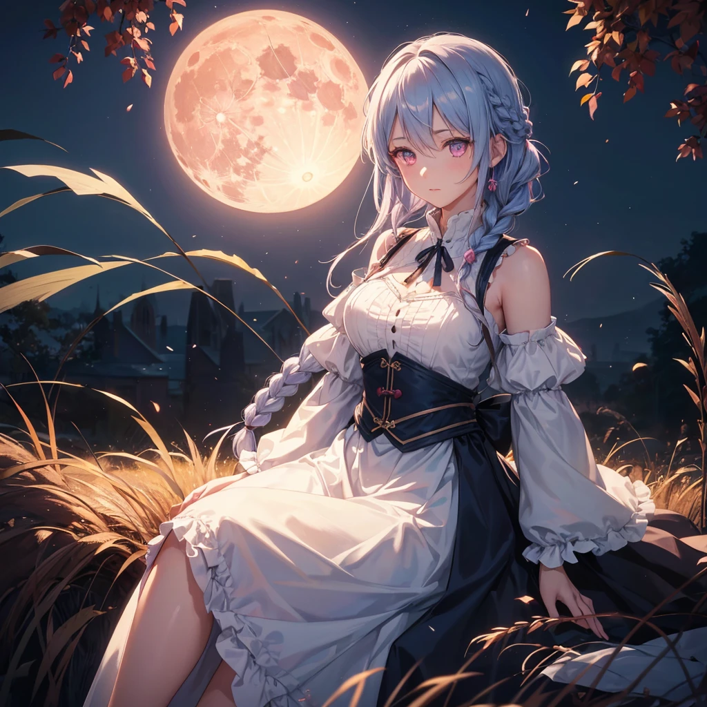 (Braiding),(Sky blue medium hair), (Pink eyes),(Fair skin)  ,(whole body),(One Girl),(harvest moon),(A large amount of Miscanthus sinensis in the background),autumn,(full moon),(masterpiece, Highest quality, Very detailed, Best Shadow), (Detailed Background), (Beautifully detailed face), High Contrast, (Best lighting, Very delicate and beautiful), ((Cinematic Light)), Hyper Detail,8k, Dramatic Light, Intricate details