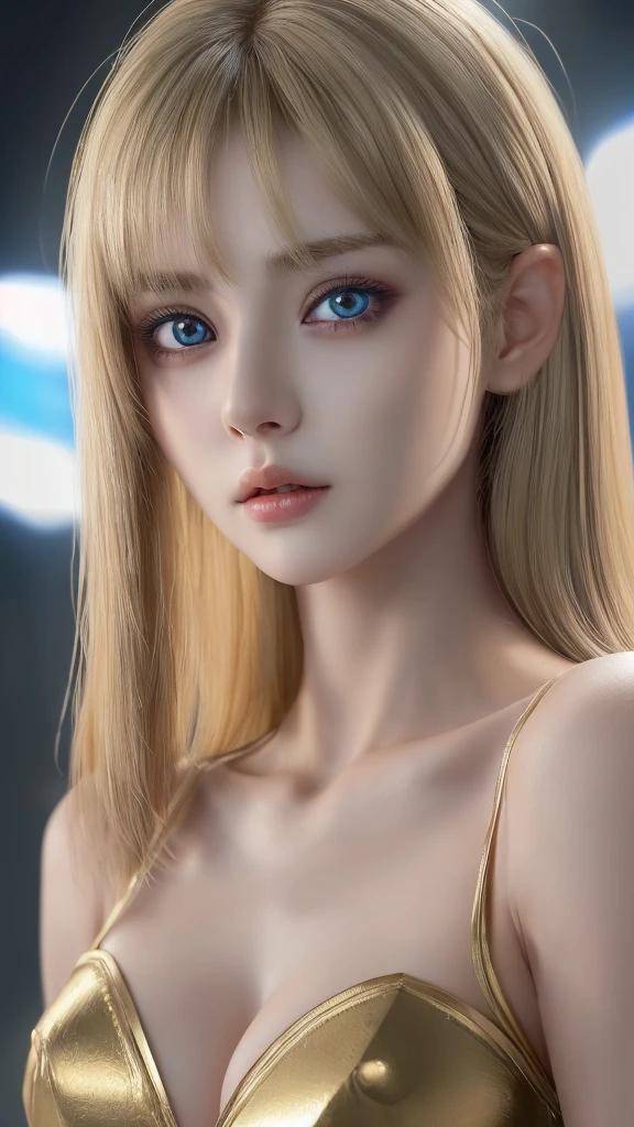 ((Highest quality、8k、masterpiece、Realistic live action:1.3))、Sharpness:1.2、Perfect body beauty:1.4、Slim Abs:1.2, A surprisingly cute and kind woman, 、Cyberpunk clothing,, Highly detailed skin texture, Intricately detailed, double eyelid, Beautiful thin nose, (Sharp Focus:1.1), (Shiny beige hair, Medium Straight Hair ), Beautiful Skin, Big eyes, pupils shine, 、Additional HD , masterpiece、(Realistic live action)、Close-up shot