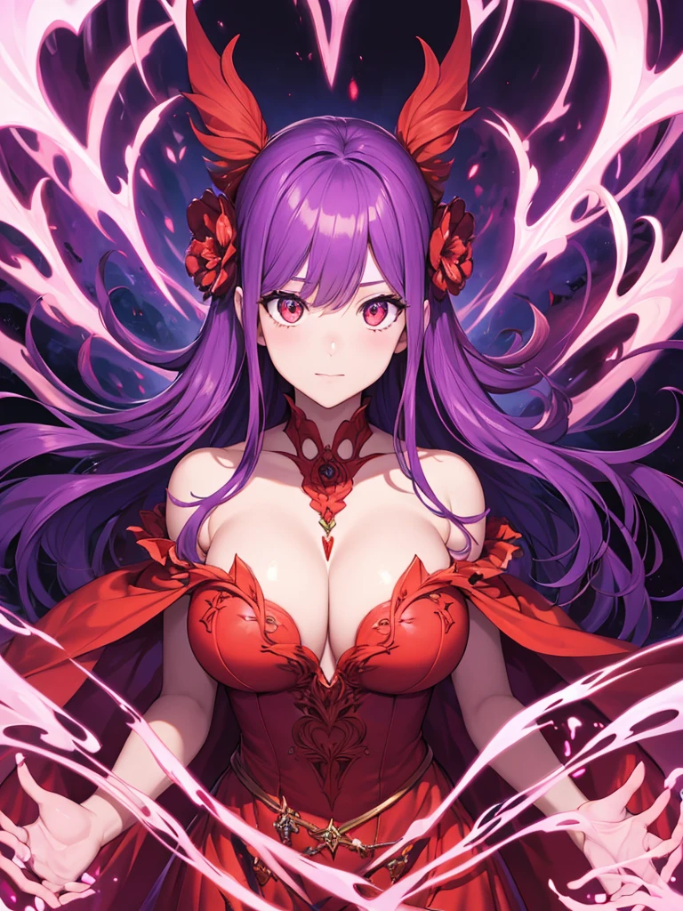 Woman body set large breasts(best quality, highres, ice skull:1.1), A girl with long billowing purple hair and a red cape, featuring a Dracula Orchid pattern. (best quality, ultra-detailed), (realistic), vibrant colors, intense lighting, lava-like texture, hauntingly beautiful composition, surreal atmosphere, contrasting dark shadows, mesmerizing glow, detailed facial features, flowing lava tendrils, fiery eyes, ethereal presence, intricate floral patterns, mysterious aura."