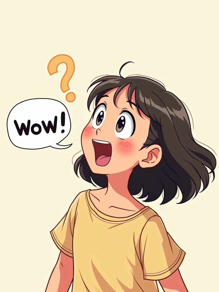 1 girl,suprised, speech bubble reads "wow!"