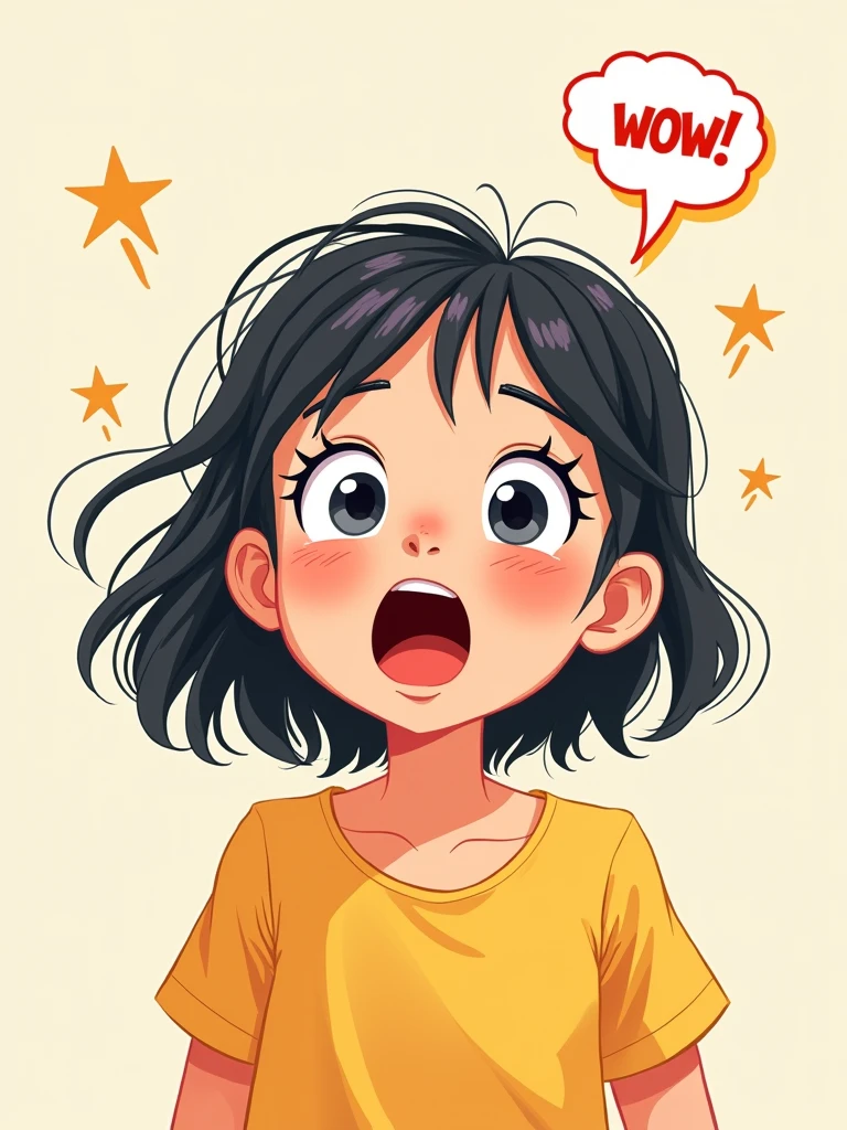 1 girl,suprised, speech bubble reads "wow!"