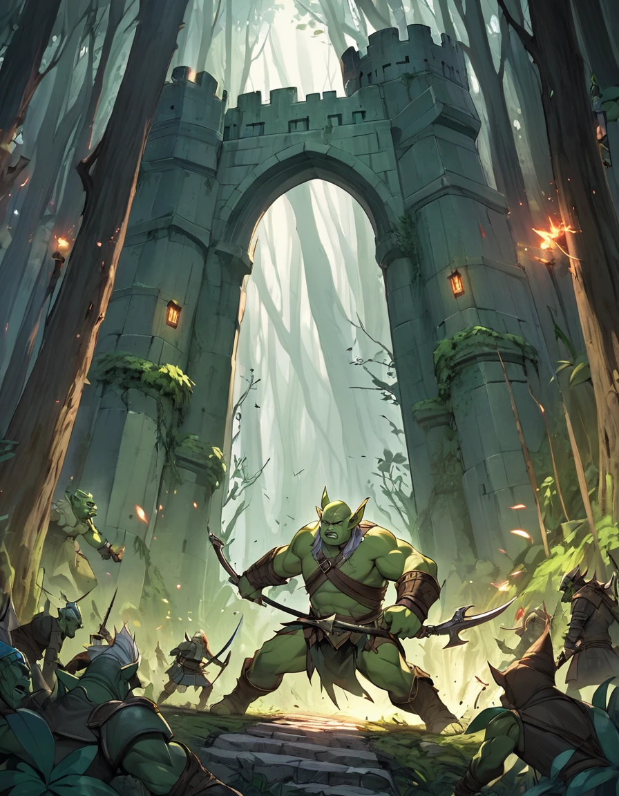 An [slender elven warrior, elf ears] fights an [orc, green skin, bulky] outside the gates of an eleven fortress in a dense forest