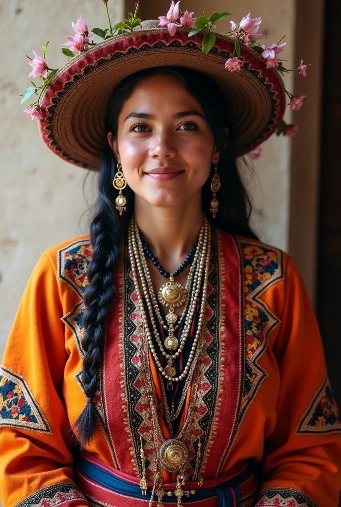 60% quechua ancestry and 40% Spaniard ancestry mixed race woman Wearing traditional vestiment