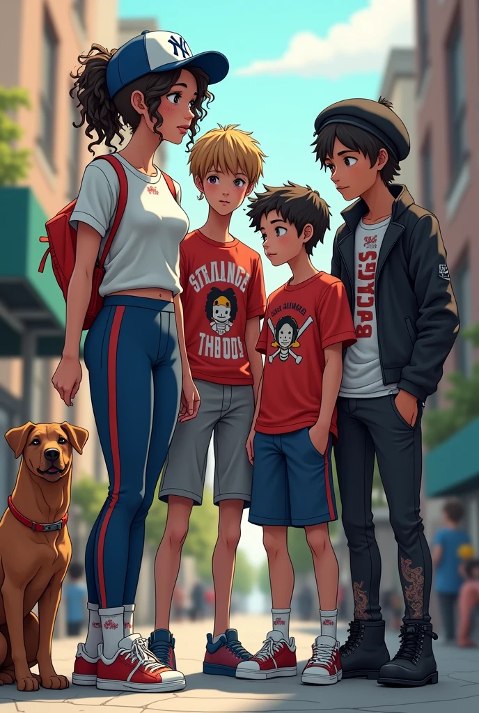 Tall girl Yankees cap coiled hair with ponytail long sport shirt chubby tight pants Adidas shoes, next to girl curly hair rolled white skin strangers things shirt wing young tall luffy shirt wing man rocker shirt with black jacket tattooed skin cholo, black boots and beret next to a brown dog