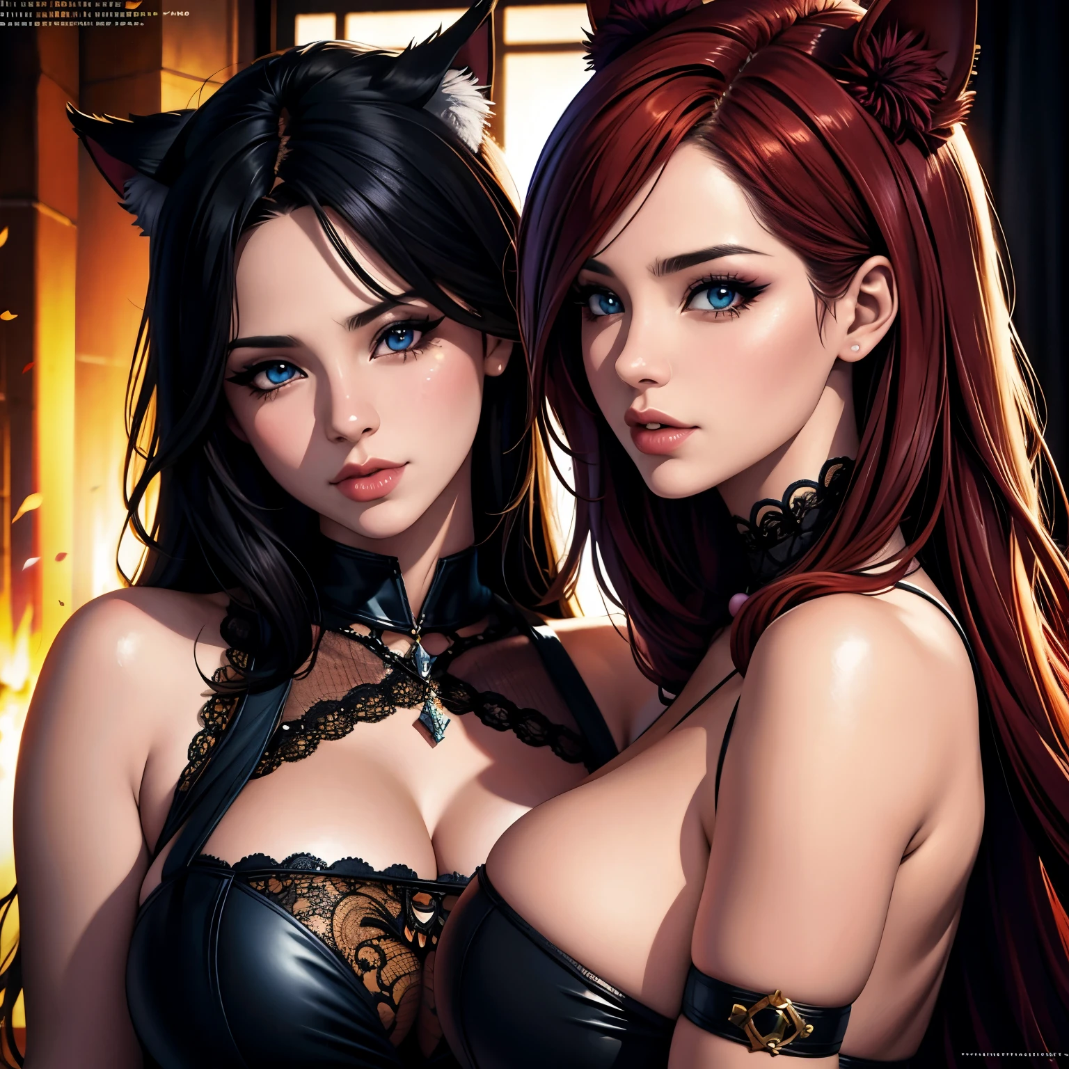 a couple in love, catgirl, flame, intricate details, hyper detailed, photorealistic, 8k, cinematic lighting, dramatic lighting, cinematic colors, beautiful detailed eyes, beautiful detailed lips, highly detailed portrait, (best quality,4k,8k,highres,masterpiece:1.2),ultra-detailed,(realistic,photorealistic,photo-realistic:1.37),dramatic colors,vibrant colors,fantasy,magical