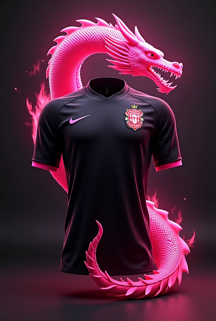 Brazilian football uniform without player, black in color and a giant pink dragon with Nike branding , pink fire