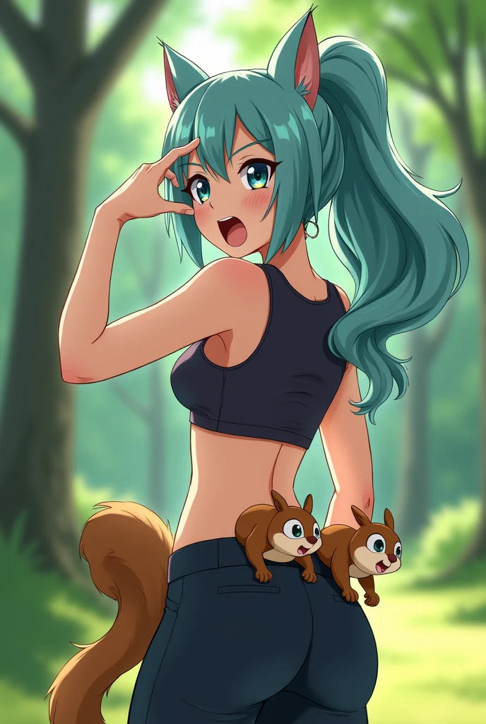 shocked rosalina in crop top and tight pants looking behind her with two squirrels poking out of the waistband of her jeans in the park, RWBY style