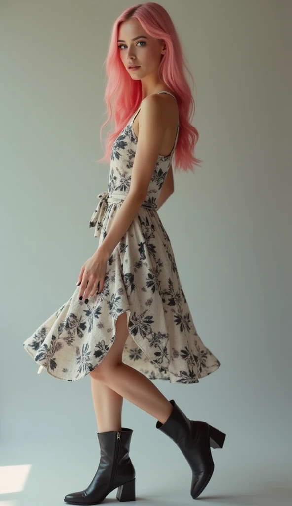 Full lenght, dancing, pink hair, narrow face, grey eyes, girl, 18 years old, slim figure, almond-shaped eyes, button nose, full lips, european appearance, ultra highly intricate detailed, black eyeliner, summer dress, boots, professional photography, ultra sharp focus, very beautiful