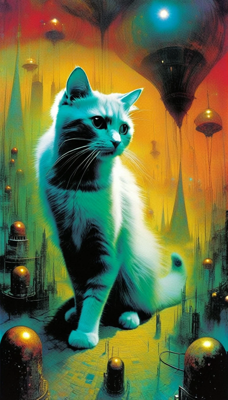 a cat in a strange world, surrealism, impresionism, art inspired by Bill Sienkiewicz and Dave Mckean
