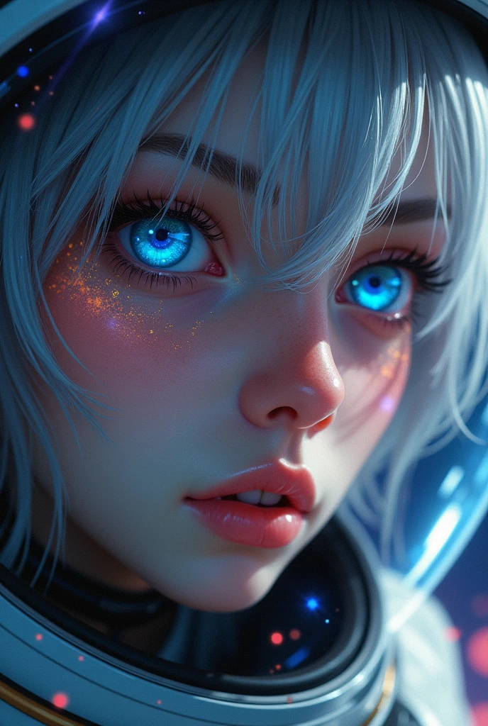 (Close-up of a better masterpiece:1.5)0.9], (Space and astronauts:1.2) (Messy silver hair:1.1) (Heterochromia xanthochromia and blue eyes:1.2) (Space Helmet:1.0) (Colored stars in the eyes:1.0) (A radiant glow:1.1) (thick lips:0.9)