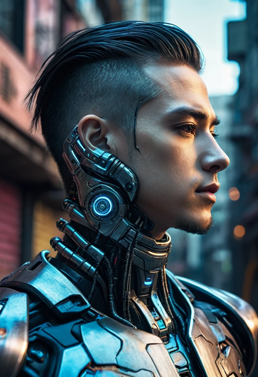 raw photography, ultra detailed, male, cybernetic neck, (cyborgs: 1.5), background is a city block in ruins, vibrant details, luxurious cyberpunk, hyper-realistic, anatomical, elegant, 8k, best quality, masterpiece, extremely detailed, (realistic, photo-realistic: 1.37), portrait.