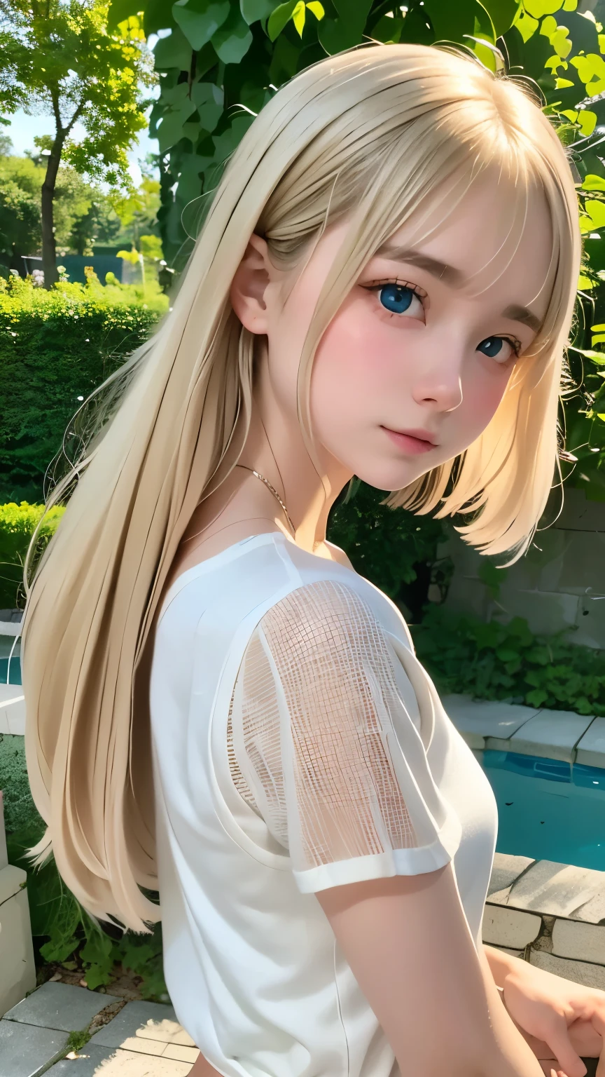 Highest quality、masterpiece、Table Top、RAW Photos、Film Grain、High resolution、Very detailed、BREAK、One Woman、14 years old、Young face、Beige hair、Straight hair with mesh、White camisole、Light blueTshirt、Smaller breasts、BREAK、Outdoor、Summer Park、squirt