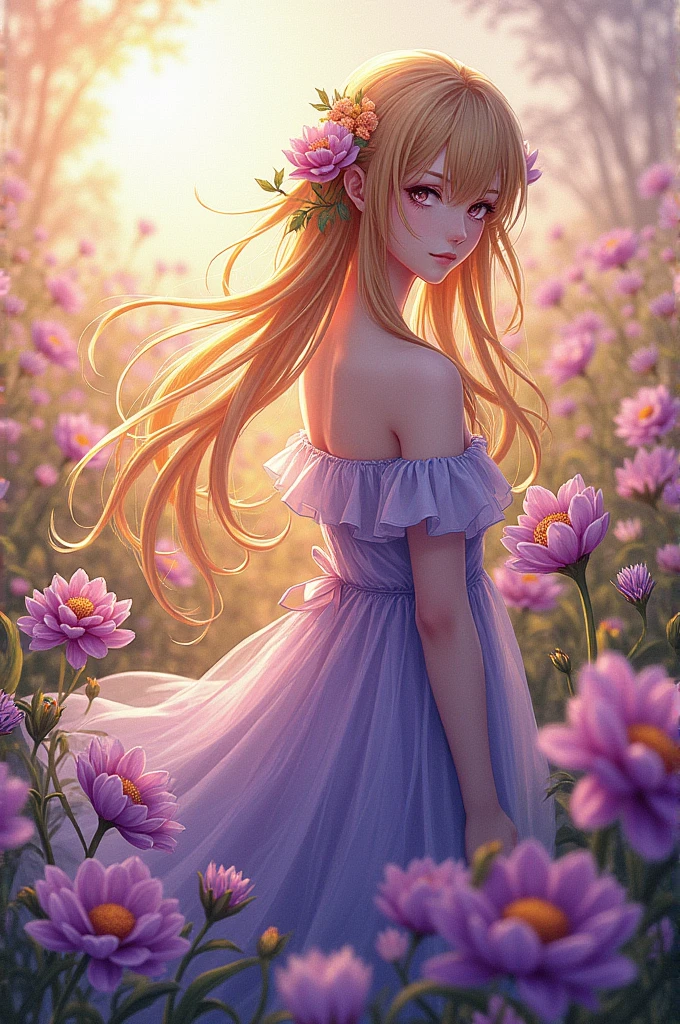 Violette evergarden on a flowery and bright background but painted with colors that a colorblind person can see