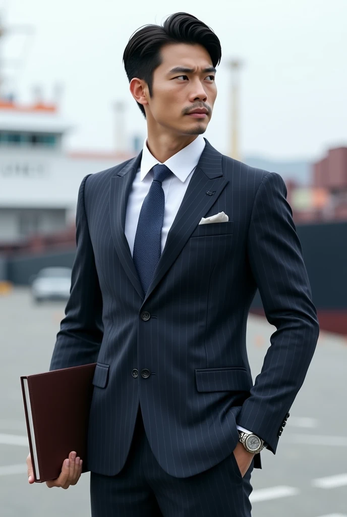 A fresh and handsome 35-year-old new employee, Japanese 35-year-old male, businessman, super high-end suit, striped suit, standing outside, full body, looking at the side, laptop on his right arm, book on his left arm, large vessel background, (CG Unity 8K high-definition photo), (highly detailed S-class handsome man), (photo realistic), ((best quality)), super detailed, (masterpiece), super high quality, high, viewer, gentleman, very beautiful hair, front medium bang, bright photo, handsome as a model, handsome as an idol, luxury watch, hyper realistic