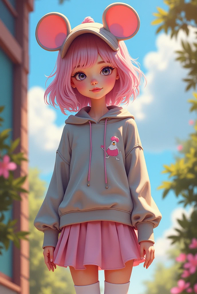 Sent by you:
Teenager of about 14 and 15 years old with light pink and pastel hair. Her clothing is a sweater that has a hat inspired by a mouse and is gray plus a light pink skirt and white stockings, black shoes and in the shape of a Disney animated series.