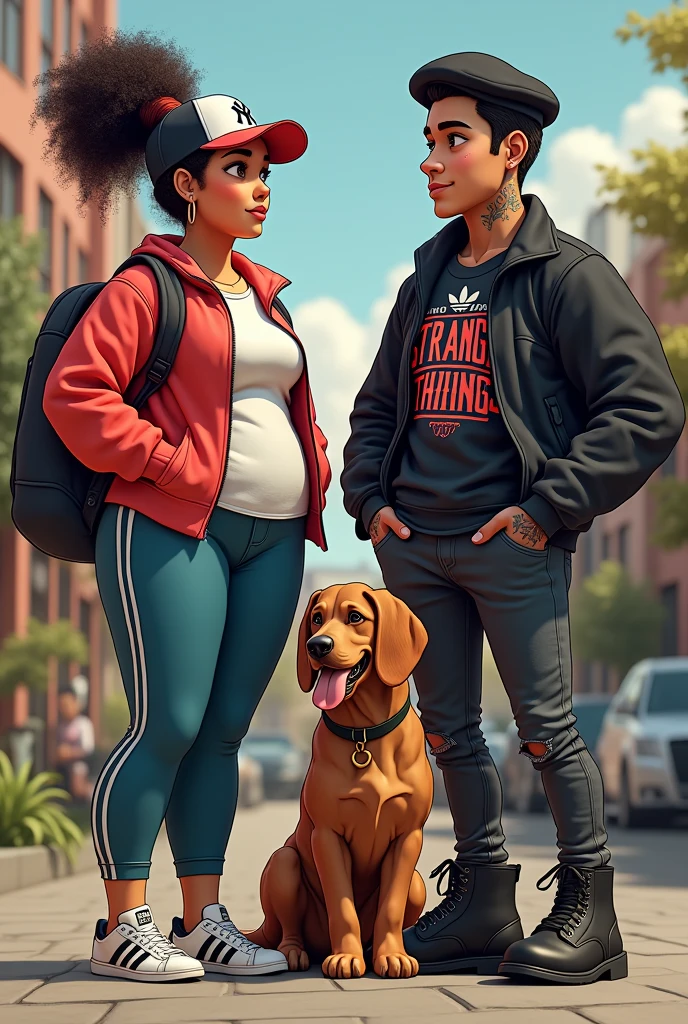 Tall chubby girl Yankees cap curly hair with ponytail long sport shirt chubby tight pants Adidas shoes, next to girl curly hair rolled white skin strangers things shirt wing young tall luffy shirt wing man rocker shirt with black jacket tattooed skin cholo, black boots and beret next to a brown dog