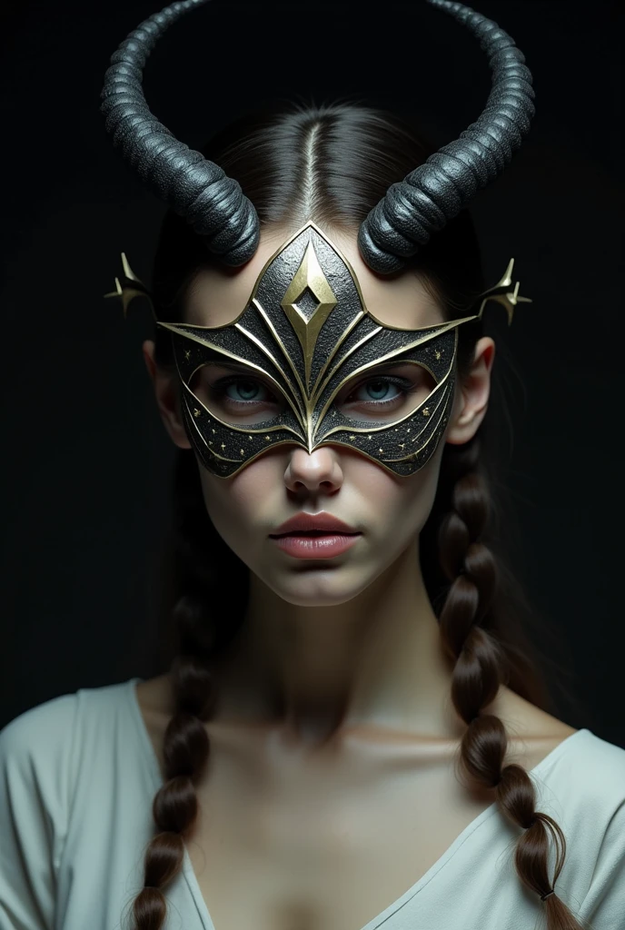 Draw a woman's face,bee,He wears a medieval mask with grilles,star shaped,The art is inspired by Elden Ring,angelic,white light on his face,Black background,star pattern on his mask,Black horns emerge from behind his ears,White tunica, close up of his face,Alex Ross drawing style, realist,detailed,4k