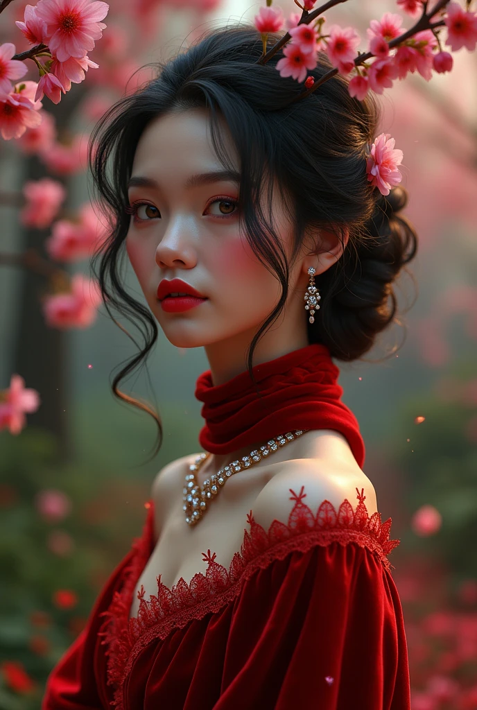 Parisian chanson singer character, digital Bohemian elegance style, poppy-patterned scarf, velvet garments, raspberry lipstick, hair in a Saturday Look updo with a diamond necklace, situated in a cyberpunk Midsummer's Mystic Forest with Slavic influences, surrounded by cherry blossoms, bioluminescent fireflies, granite lanterns, blending photorealistic and fantastical
Removed From Image
long neck,
close eyes,
blurry,
ugly,
deformed,
noisy,
distorted,
out of focus,
bad anatomy,
extra limbs,
poorly drawn face,
poorly drawn hands
missing fingers,
nudity,
nude