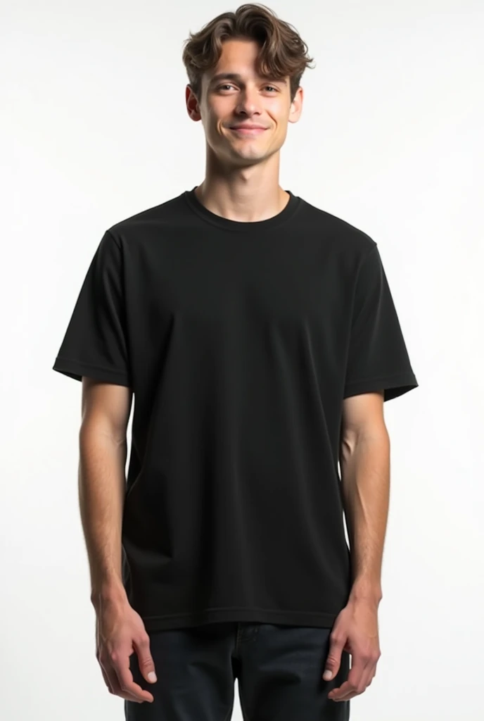 Young man wearing plain black unisex t-shirt, on a white background