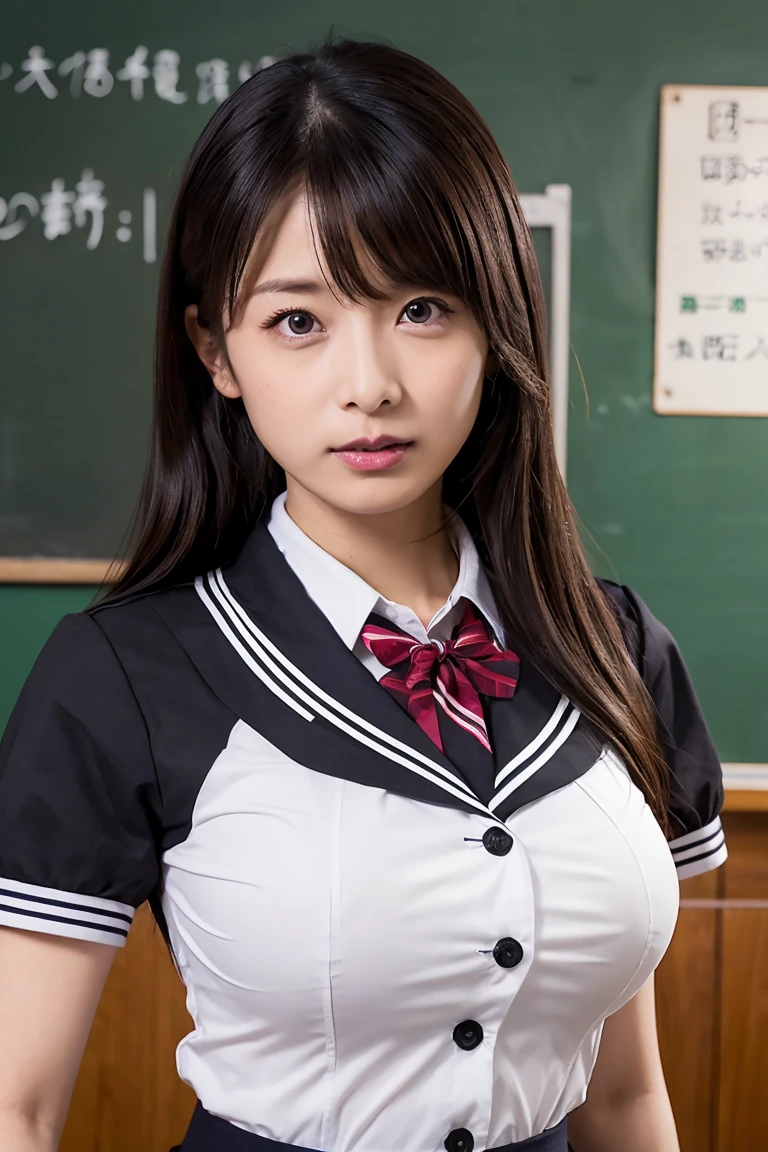 around 30 years old, big breasts　 ,Close-up of a woman posing in front of a blackboard　 angry face, jk uniform, seifuku, girl wearing uniform, japanese model, uniform, the blouse you&#39;re wearing, japanese school uniform