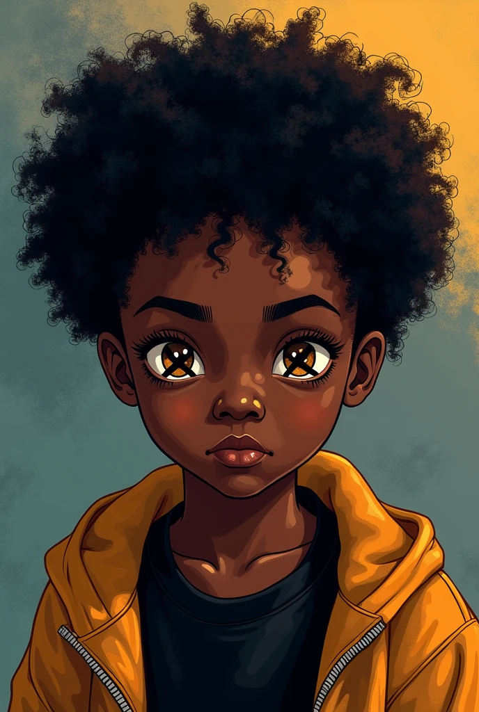 Black boy persona "THAT KIDDING FROM NEW" with black hair type c4 curly with "X" in place of the eyes