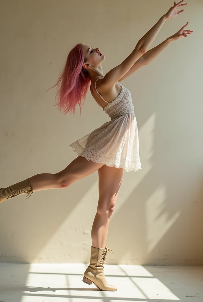Full lenght, dancing, pink hair, narrow face, grey eyes, girl, 18 years old, slim figure, almond-shaped eyes, button nose, full lips, european appearance, ultra highly intricate detailed, black eyeliner, summer dress, boots, professional photography, ultra sharp focus, very beautiful