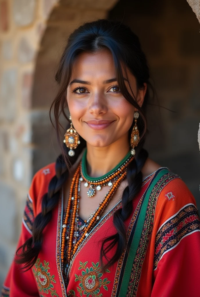 50% quechua ancestry and 50% Spaniard ancestry mixed race woman Wearing traditional vestiment