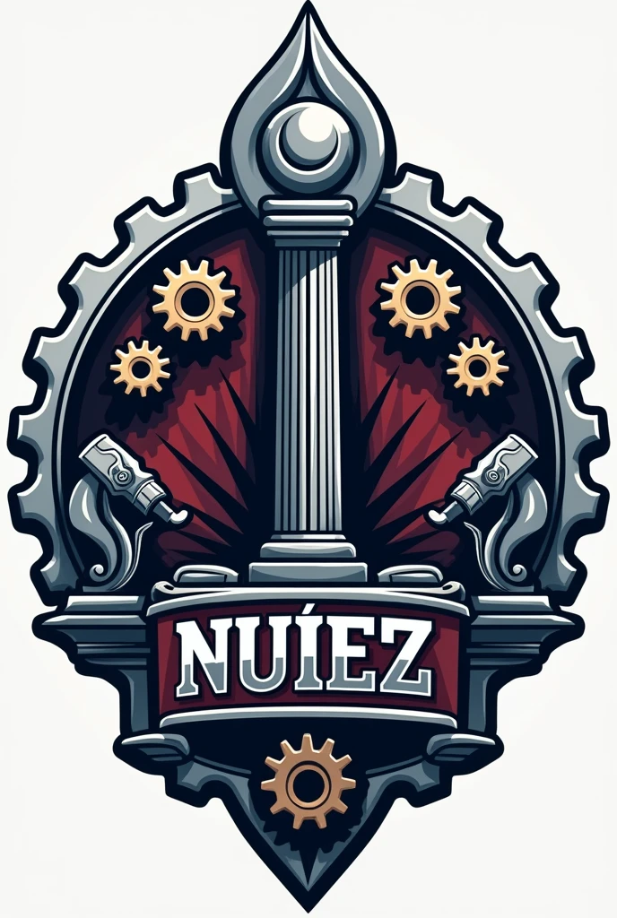 A logo for a car body manufacturing company with a majestic railing standing out in the center, with gears around it and the word NUÑEZ that stands out below the body with welding and cutting machines on the sides