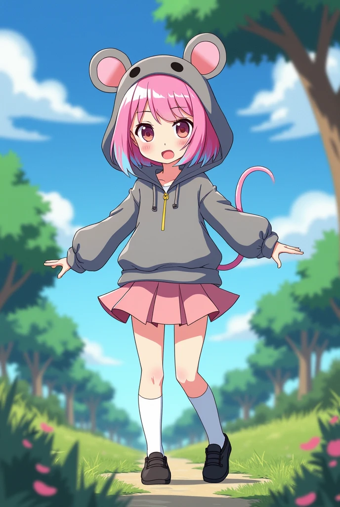 Sent by you:
r of about 14 and ight pink and pastel hair. Her clothing is a sweater that has a hat inspired by a mouse and is gray plus a light pink skirt and white stockings, black shoes and in the form of an animated series of amphibia.
