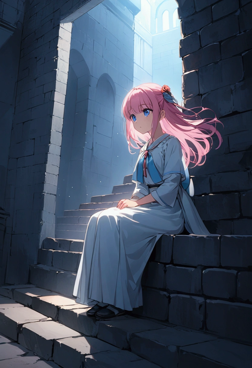 Ramparts、Ramparts、Girl with pink hair、blue eyes、Twin Drill、A scene from a movie, whole body
