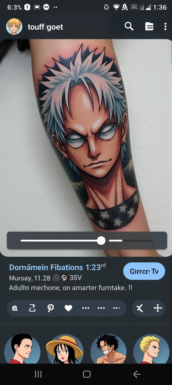 Luffy's head tattoo, he with white hair, adult and child. Just the head one under the other.