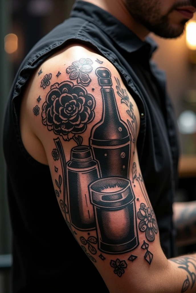 Radical tattoo design for a bartender featuring blackwork and dark art cocktail shaker glasses jigger