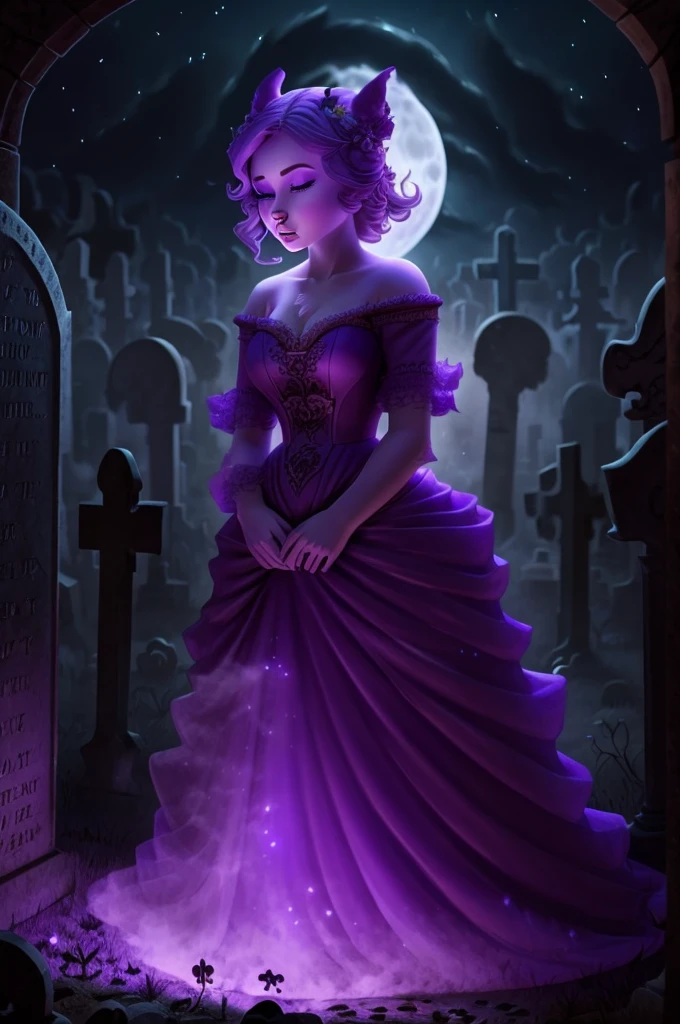 FULL MOON NIGHT, IN A CEMETERY, THERE IS A WOMAN WEARING A PURPLE DRESS WITH LILAC, BLOWING SHINY POWDER