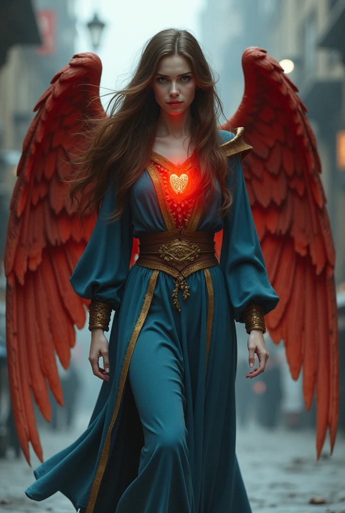 Woman about 24 years old, weak in the face, white skin with long brown hair, Red eyes and large red and slightly golden angel wings. Dressed in modest blue attire with gold trim. She is walking in the lost city and a little worried. A faint red light comes out of his chest.