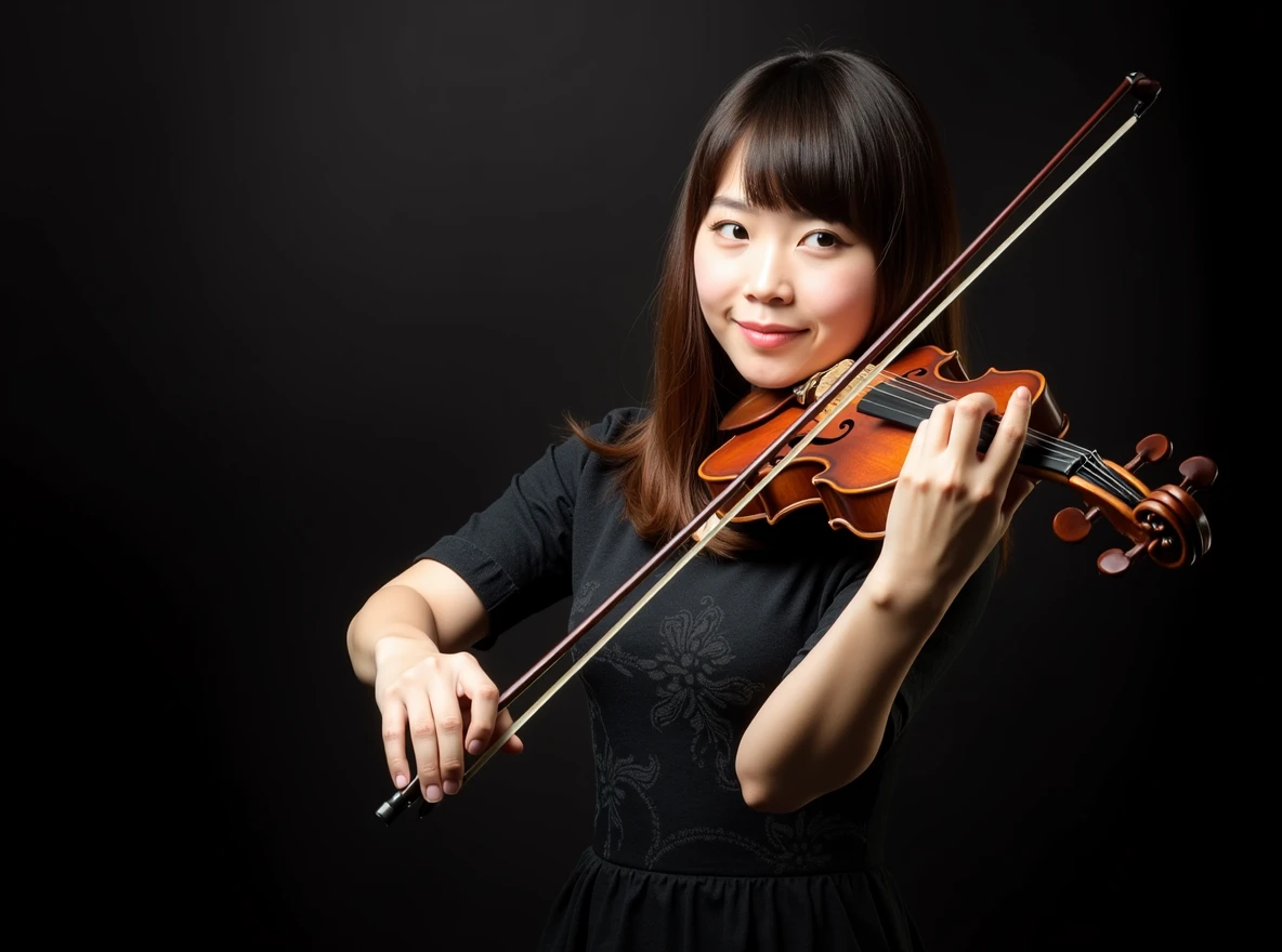 (masterpiece, high resolution, high detail, best quality), ultra detailed, 16k, photograph, cinematic lighting, beautiful face, perfect face, highly detailed beautiful face and eyes, delicate facial features, highly detailed background, elaborately designed clothes, BREAK, (stunning Japanese woman playing the violin at a concert venue:1.2), Stradivarius, (Crimson sleeveless dress:1.2), curvy, (Wavy Hair), perfect make-up, light smile