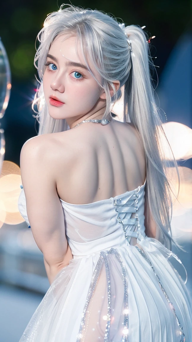 Georgeous, Beautiful, Cute, Baby Face, 18 Years Old, White Skin, Cleavage, ((Large Colossal Breast:1.3)), Sleeveless, Off Shoulder, Strapless, ((Transparent:1.3)), ((White Long ****ta Dress)), (Embroidery), Posing, ((Silver Hair)), ((Bright Blue Eye)), ((Muscles:1.3)), ((Bokeh:1.3)), Animal Farmer Background, Masterpiece, Twintails