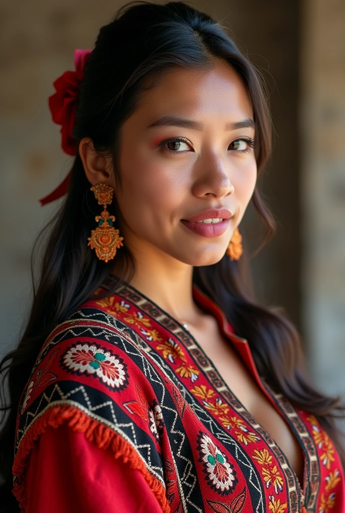 30% quechua ancestry and 70% Spaniard ancestry mixed race woman Wearing traditional vestiment