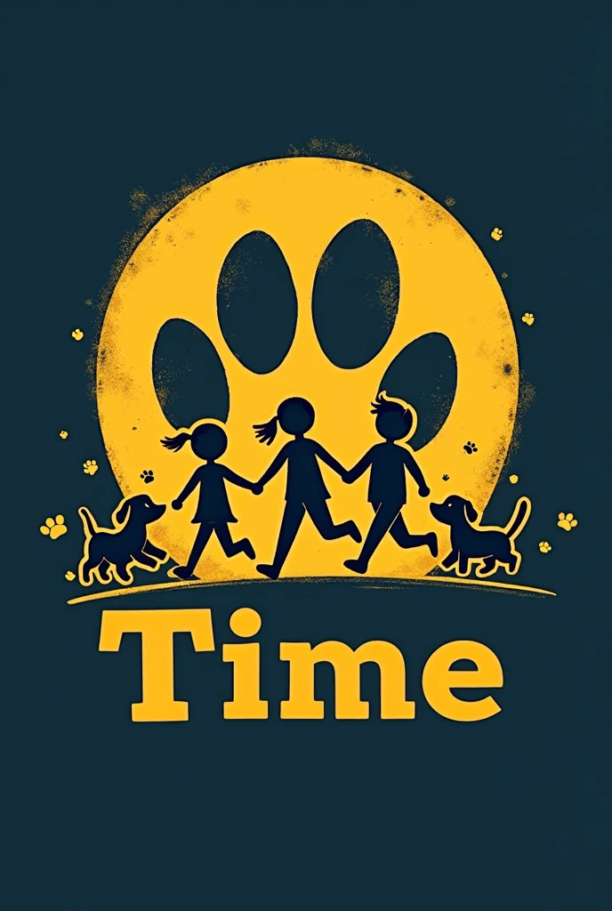 a logo that says Animal Time in yellow with dark colors and with a large animal footprint in the background, with cute running puppies and a family of happy humans