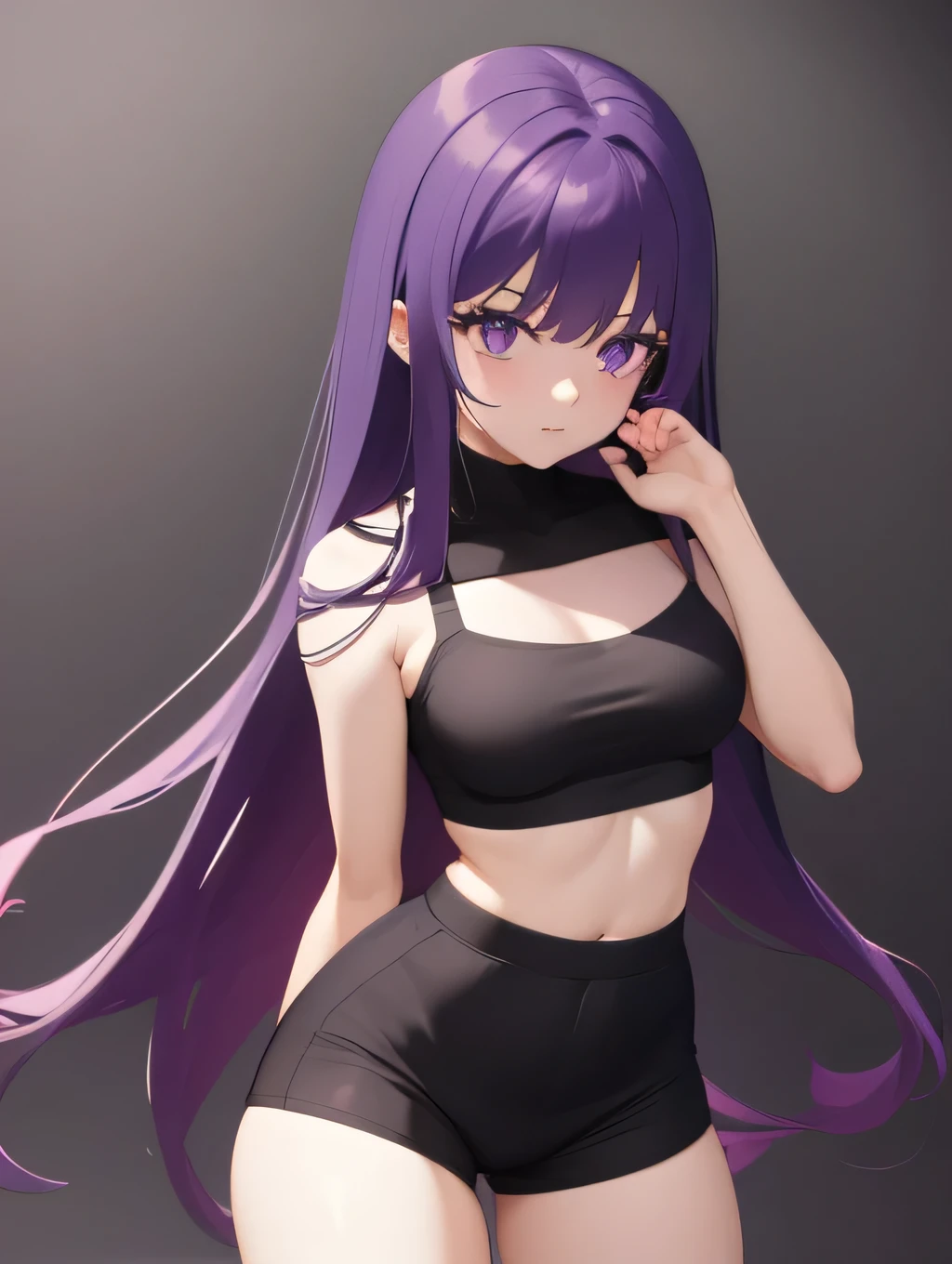 Anime, 1girl, solo, long_hair, purple_eyes, purple_hair, bare_shoulders, closed_mouth, upper_body, bangs, sidelocks, anime_coloring, white crop top, black shorts, small breasts, thick thighs