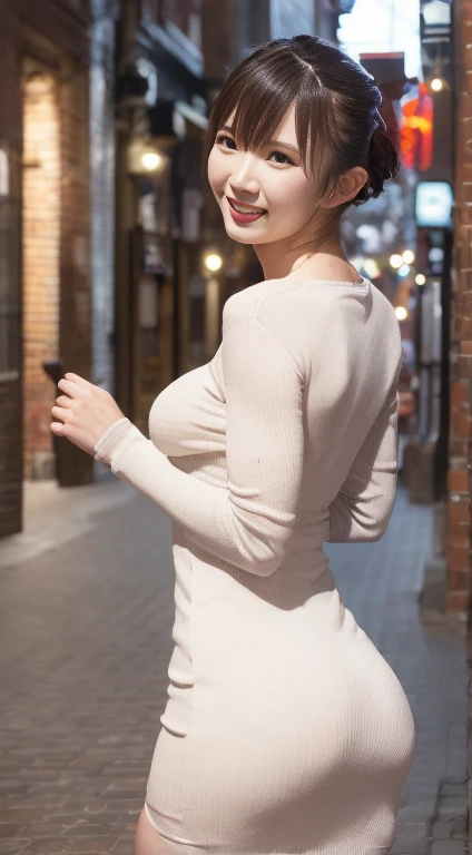 1 Female,((tight knit dress)),(Small Ass),Accentuate your butt,Small breasts,The clothes are transparent,A cheerful smile, (Shorthair debtlying),Hair fluttering, White skin,Big breasts and small waist,Japanese style streetscape, Hyperrealism, Cinema Lighting, Depth of written boundary, debtrom below, Vanishing Point, debt/2.8,  Anatomically correct, Textured skin, Super Detail, Awards, Highest quality, High resolution,