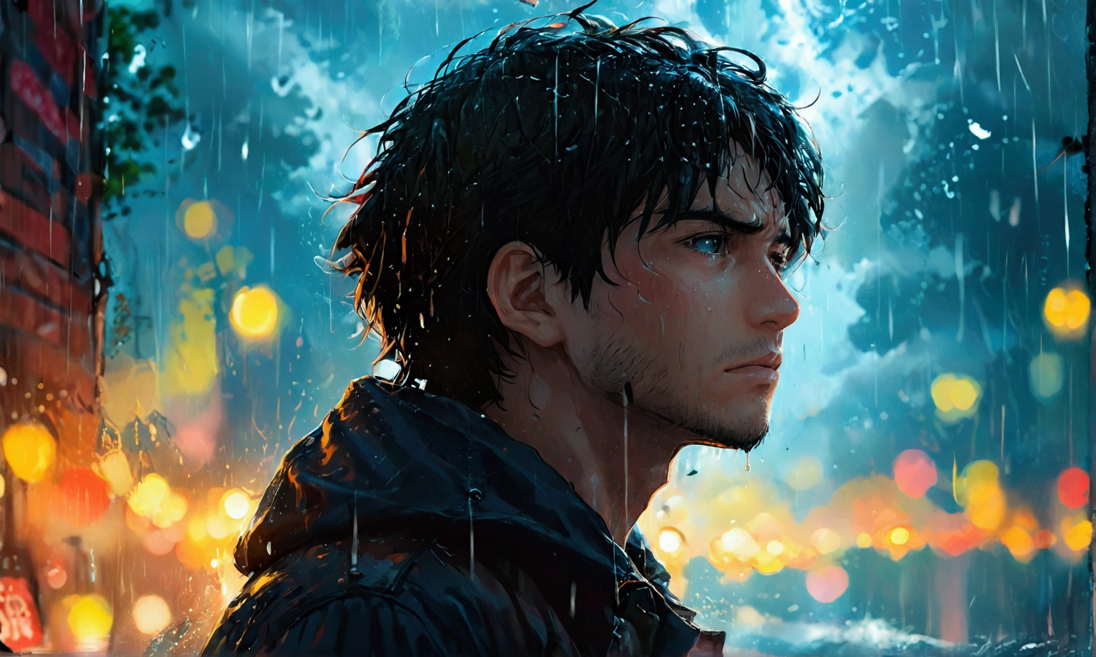 A MAN LOOKING AT THE SKY FROM UNDER THE RAIN,manga style art,manga style art,manga style art,manga style art