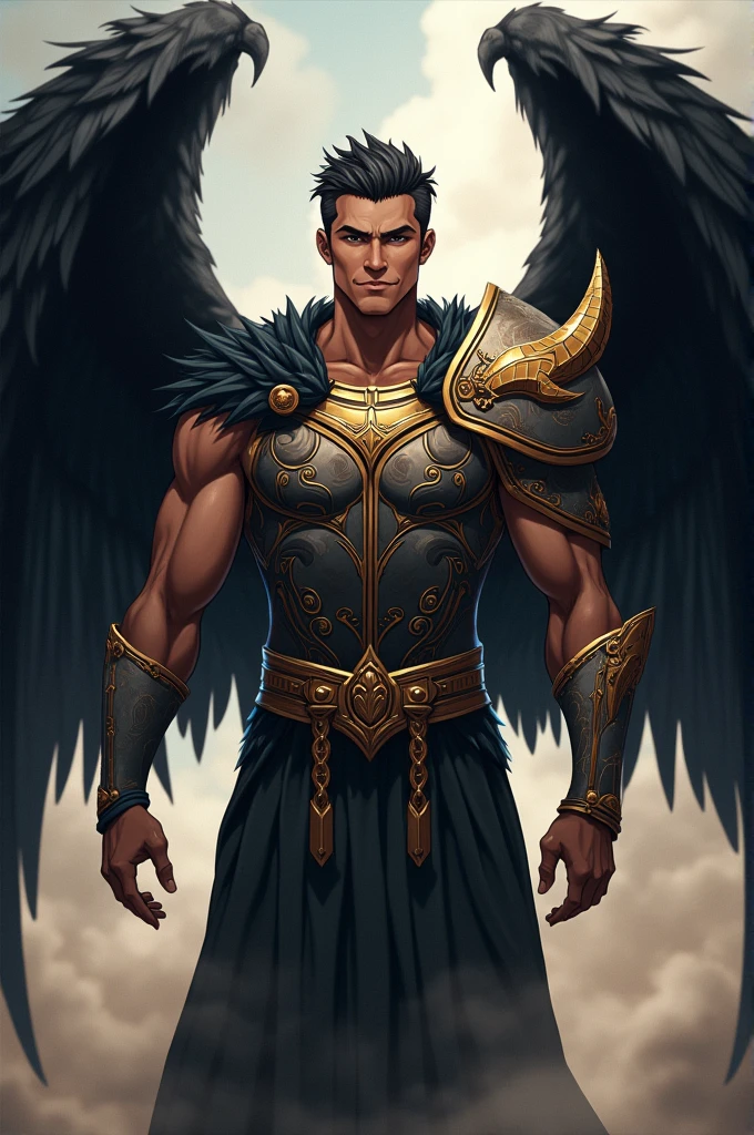 make the drawing in the style of record of Ragnarok a 27 year old man who has Michael Ealy's eyes,Marvin Humes's smile, and the test, Height , body,hair ears, regé-jean page face and height. that wears a breastplate and has four black wings.