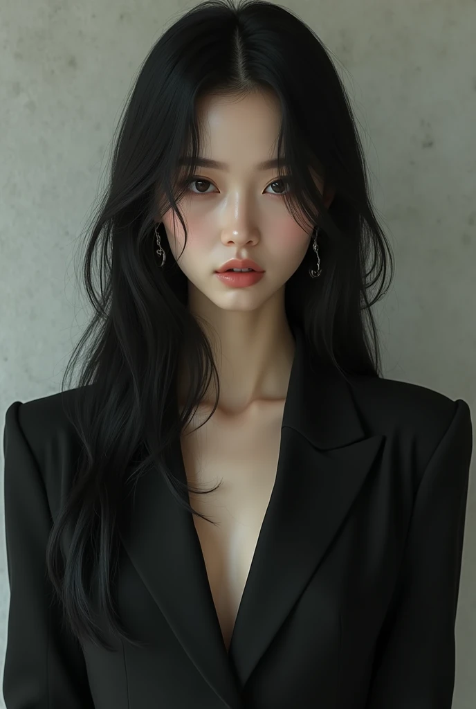 Woman with long straight black hair with curtains in her hair wearing elegant suit small eyes and lips and white skin