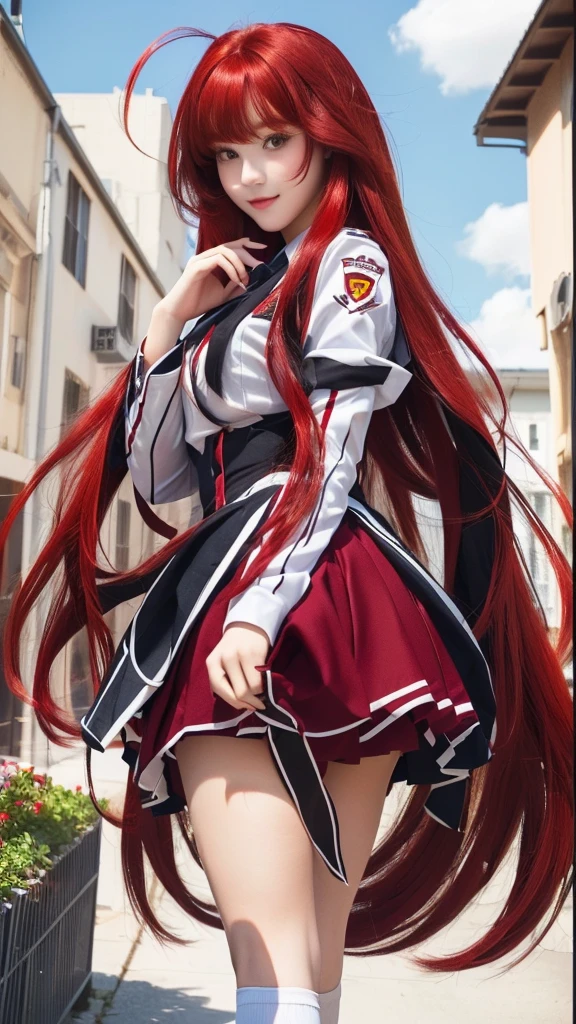 A pretty high school girl with long red hair and a white uniform, cute girl, beautiful high school girl