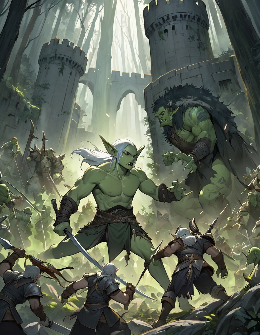 An [slender elven warrior, elf ears, pale skin] fights an [orc, green skin, bulky] outside the gates of an eleven fortress in a dense forest