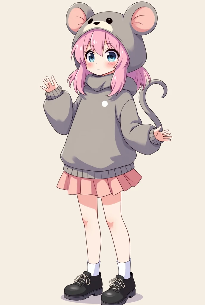 Sent by you:
Teenager of about 14 and 15 years old with light pink and pastel hair. Her clothing is a sweater that has a hat inspired by a mouse and is gray plus a light pink skirt and white stockings, black shoes and in the shape of the Disney animated series Amphibia.