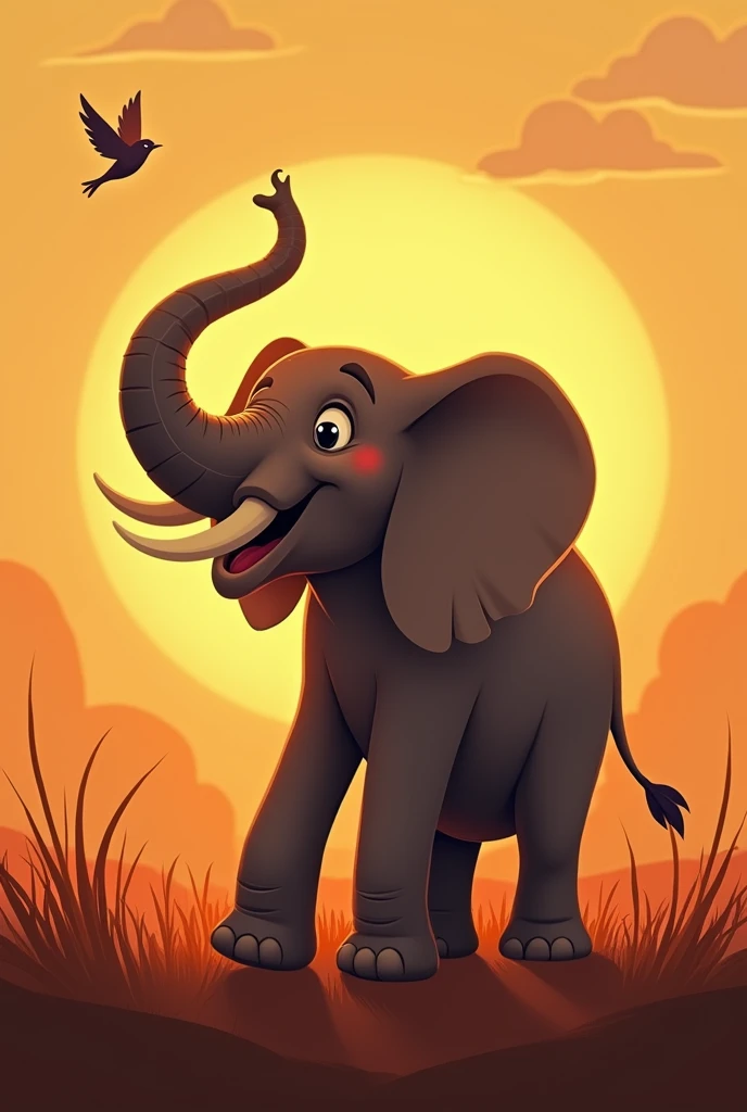 Create the image of an elephant Osot Sog. Osot Sog is waking up at dawn, with the soft light of the rising sun bathing the savannah. He is standing, raising his trunk as if greeting the new day. over the horizon, the sun is rising, softly illuminating dinner. Little birds fly around, adding a touch of life to the scene. The image should have a playful touch.