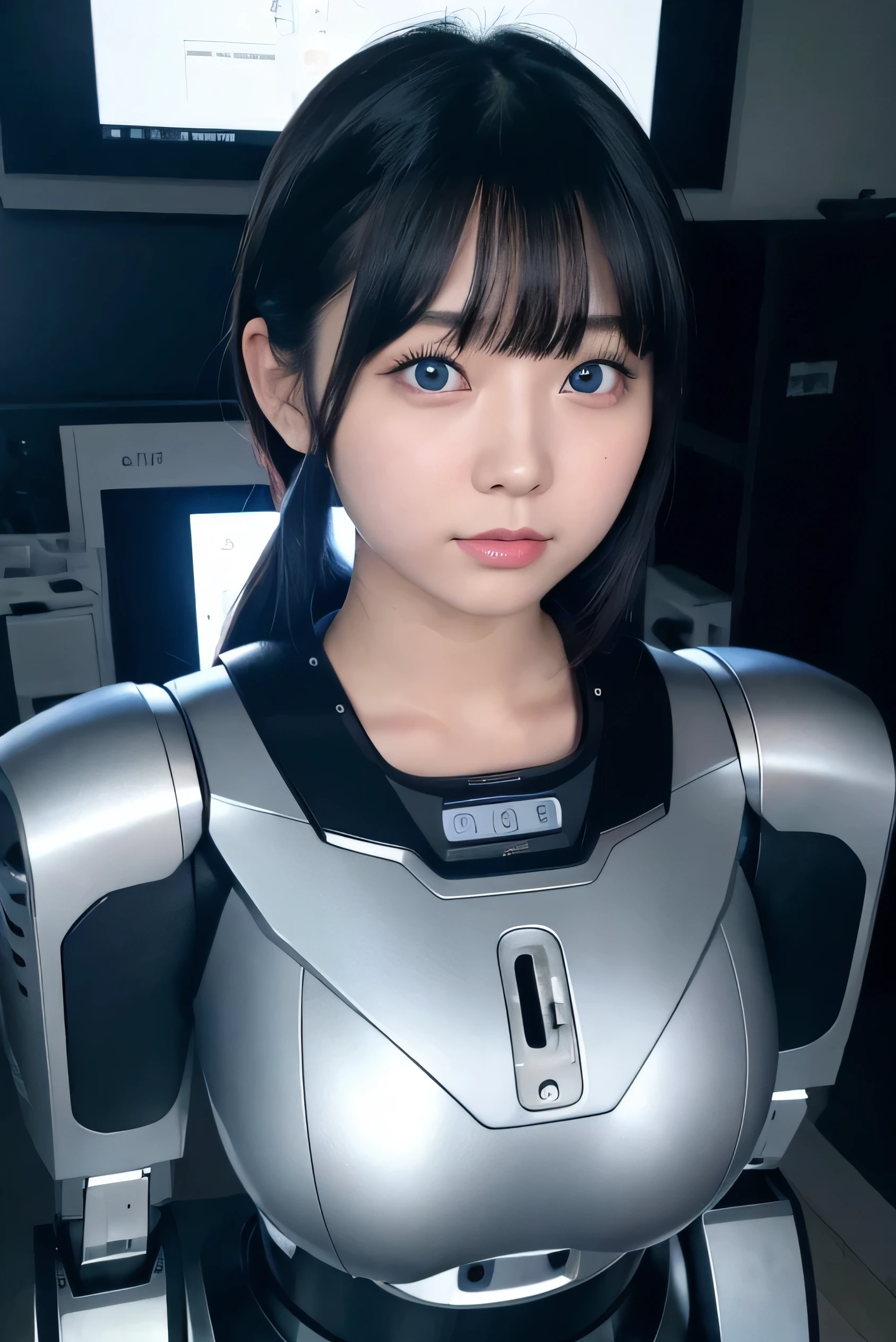 masterpiece, best quality, extremely detailed, Japaese android girl,portrait,Plump,a bit chubby,control panels,android,Droid,Mechanical Hand, Robot arms and legs, Black hair,Blunt bangs,perfect robot girl,long tube,thick cable connected her neck,android,robot,humanoid,cyborg,japanese cyborg girl ,robot-assembly plant,She is assembling now,assembly scene,blue eyes,chest monitor