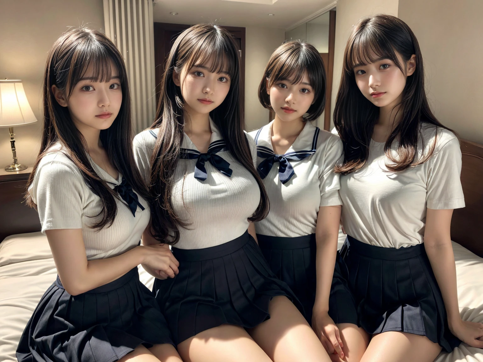 masterpiece, best quality, illustration, Super detailed, fine details, High resolution, 8K,wall paper, perfect dynamic composition,(Details High quality, realistic depiction of eyes:1.3), (3 girls), Black Sailor Uniform, serafuku, Navy pleated skirt, sitting, open legs, short bob hair, in a hotel room in the background, deep on field, large breasts, black hair color, Big Natural Color Lip, (perfect body shape), crying a little、Harajuku style、20 year old girl、cute type、beautiful legs, Gravure Idol