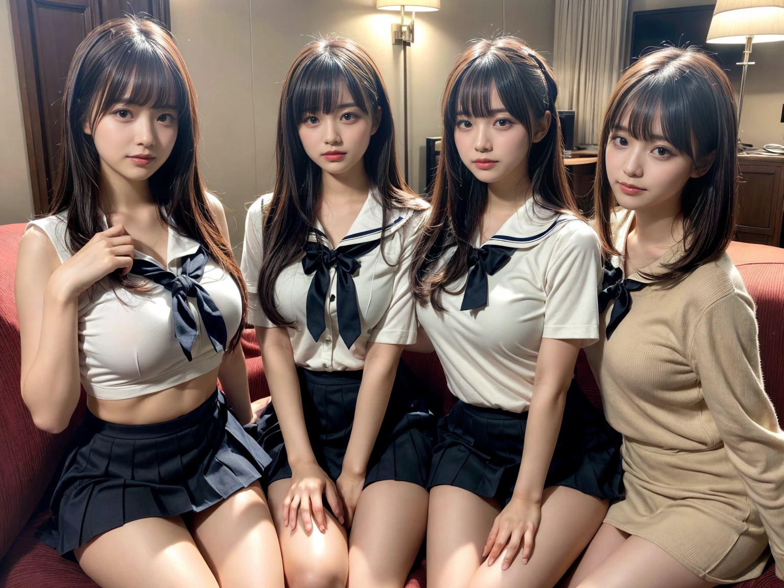 masterpiece, best quality, illustration, Super detailed, fine details, High resolution, 8K,wall paper, perfect dynamic composition,(Details High quality, realistic depiction of eyes:1.3), (3 girls), Black Sailor Uniform, serafuku, Navy pleated skirt, sitting, open legs, short bob hair, in a hotel room in the background, deep on field, large breasts, black hair color, Big Natural Color Lip, (perfect body shape), crying a little、Harajuku style、20 year old girl、cute type、beautiful legs, Gravure Idol